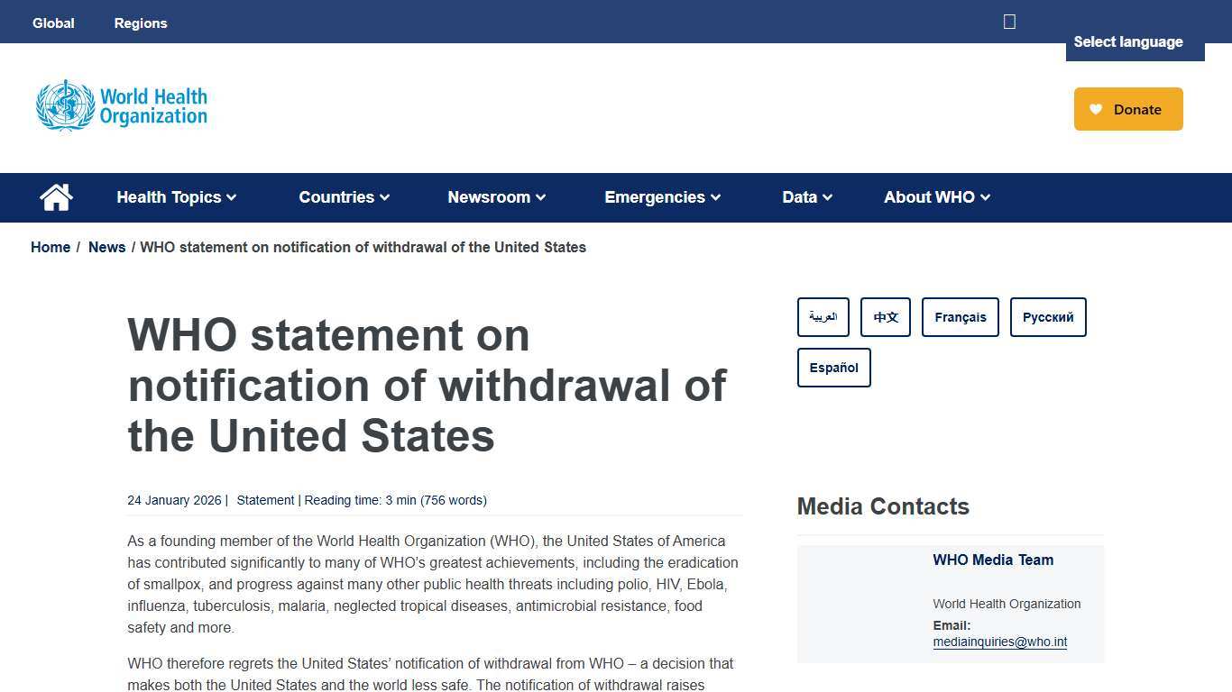 WHO statement on notification of withdrawal of the United States